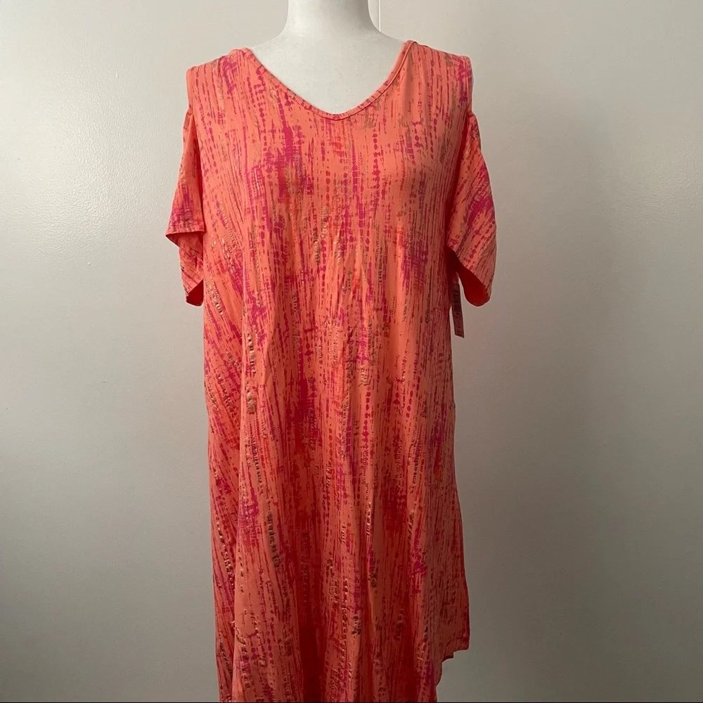 Super Soft Cold Shoulder Orange Tie Dye T-Shirt Dress - Picture 2 of 7